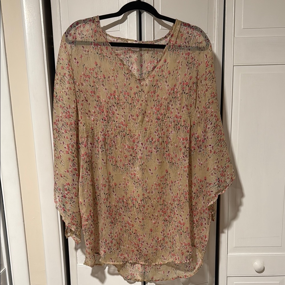 Floral Sheer Women's beach cover up Top - Cream and Pink